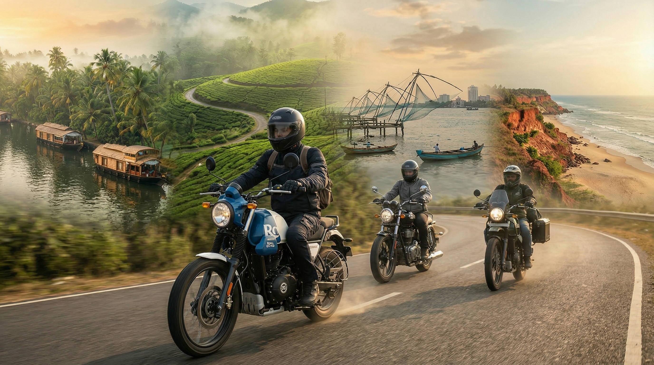 Royal Enfield riders on Kerala's scenic roads — Rental Logics Kerala